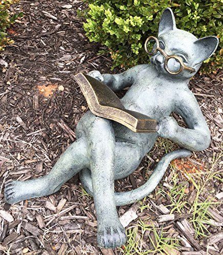 Low Maintenance Garden Ideas, 6 Month Baby Picture Ideas, Cat With Glasses, Lawn Ornament, Cat Glasses, Cat Statue, Outdoor Statues, Reading Book, Outdoor Art