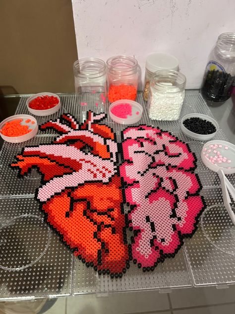 Love Perler Bead Patterns, Perler Beads Ideas Big, Fused Beads Ideas, Half Heart Half Brain, Perler Beads Big, Heart Perler Bead Patterns, Perler Bead Heart, Perler Portrait, Big Perler Bead Patterns