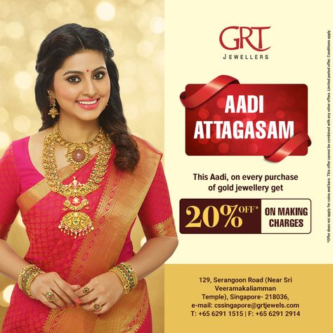 ​This Aadi, on every purchase of Gold Jewellery Get 20% OFF* on Making Charges! Visit our GRT Jewellers Singapore Showroom Now - *Terms and Conditions apply Muhurtham Jewellery, Cheap Gold Jewelry, Grt Jewellers, 22 Carat Gold Jewellery, Bridal Jewels, Indian Jewellery Design, Terms And Conditions, Gold Jewelry Indian, Bridal Gold Jewellery