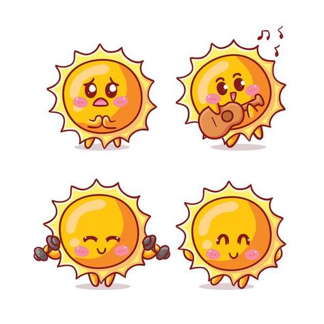 Cute and kawaii sun isolated on white Pr... | Premium Vector #Freepik #vector #character #sun #guitar #badge Kawaii Sun, Easter Cats, Sun Drawing, Cartoon Sun, Pig Character, Joy Cards, Vector Character Design, Kids Doodles, Sun Illustration