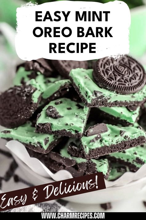 Making your own Mint Oreo Bark at home is quick and rewarding! This delicious treat layers creamy white and rich dark chocolate with crushed Mint Oreos for a perfect combination of textures and flavors. A hint of mint adds a refreshing twist, making it the ideal sweet snack for parties, holiday gatherings, or movie nights. It's simple to prep and can be made in just a few steps. Indulge your sweet tooth or share it as a delightful gift. Perfectly sweet and crunchy, Mint Oreo Bark will be a hit! Mint Oreo Dessert, Mint Chocolate Bark Recipe, Mint Oreo Bark, Oreo Sweets, Mint Chocolate Bark, Oreo Bark Recipe, Oreo Cookie Bark, Mint Bark, Bark Recipes Easy