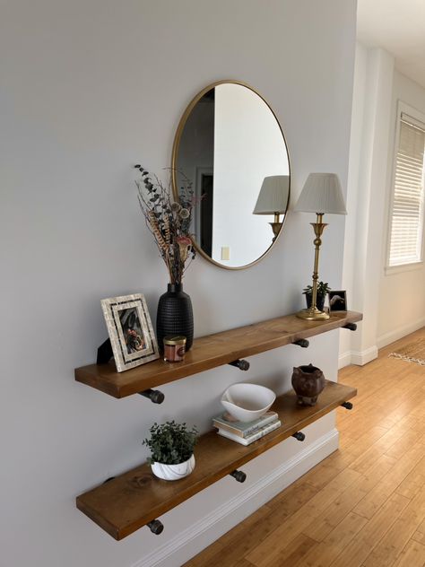 Floating Shelves Console, Circle Mirror And Floating Shelves, Mirror And Floating Shelves, Floating Shelf With Mirror, Floating Shelves Entryway, Entryway Floating Shelf, Floating Shelf Entryway, Entryway Floating Shelves, Tulum House