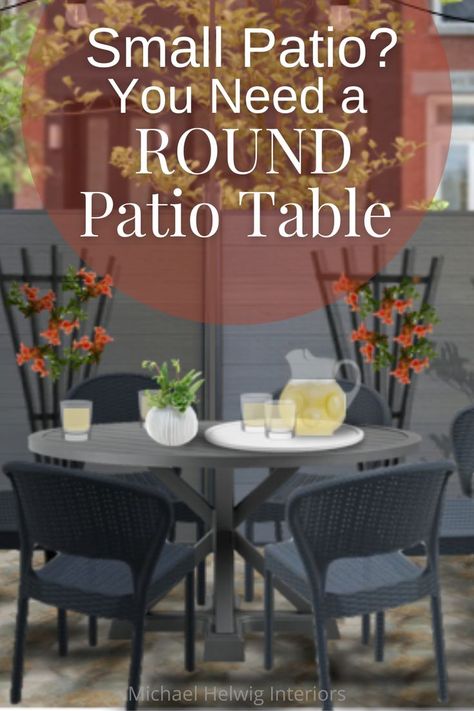 If you have a small(ish) patio space and you’re trying to figure out the best option for a dining table and chairs, let me tell you Why a Round Table is Perfect for Your Small Patio. Small Patio Dining Table, Small Patio Dining Set, Round Patio Table Decor, Small Patio Dining Ideas Outdoor, Small Outdoor Table And Chairs, Small Patio Table Ideas, Small Deck Dining Ideas, Patio Furniture Small Space, Small Patio Dining Ideas