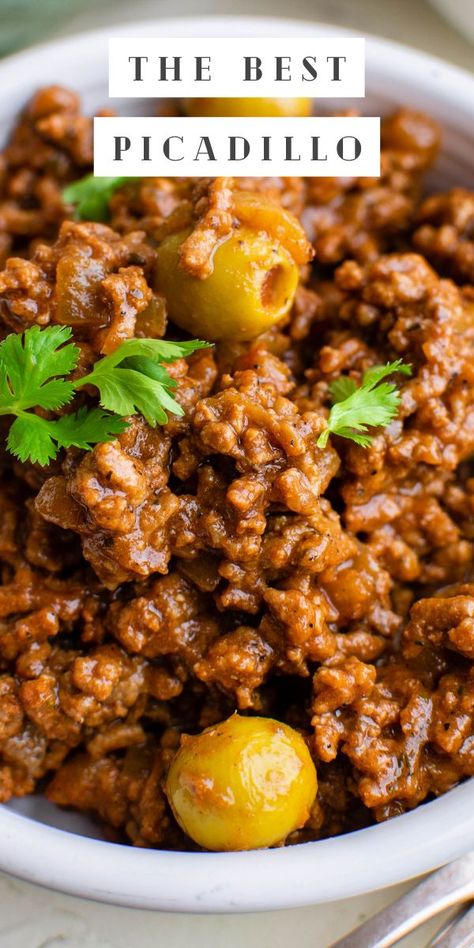 Made in under 30 minutes with flavorful ground beef and salty green olives, Beef Picadillo is a classic Latin American dish that reminds you of home. #beefpicadillo #picadillo #groundbeefpicadillo… Beef Picadillo, Picadillo Recipe, American Dinner, Cuban Dishes, Latin American Recipes, Yummy Chicken, Chicken Healthy, Comfort Food Recipes Dinners, American Dishes