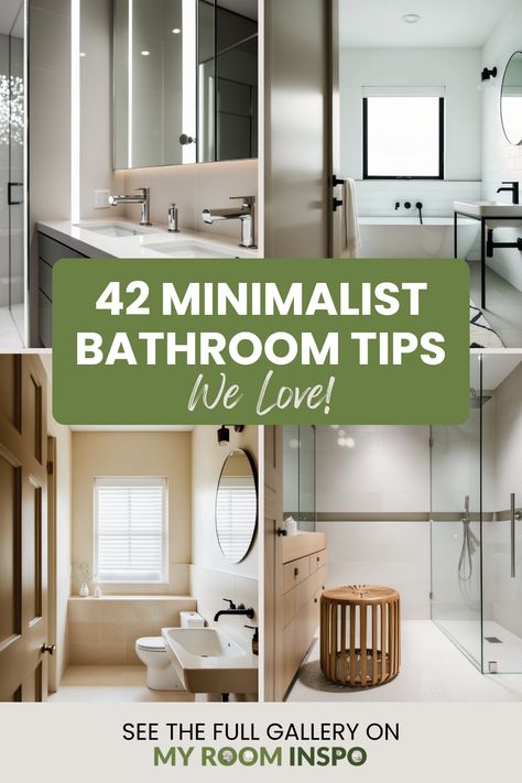 Explore 4 visually engaging images with 42 stunning minimalist bathroom tips for quick and easy renovations and decor ideas for a more stylish and serene space. Neutral Minimalist Bathroom, Small Bathroom Refresh On A Budget, No Tub Bathroom Ideas, Guess Bathroom Ideas Decor Small Spaces, Make Bathroom Look Bigger, Easy To Clean Bathroom Design, Minimalist Bathroom Decor Ideas, Guest Half Bathroom Ideas, Minimal Restroom