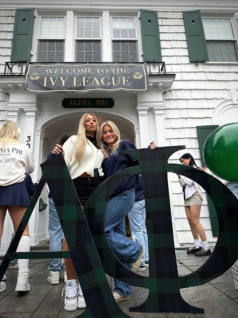 Alpha Phi Ivy League, Welcome To The Ivy League Alpha Phi, Welcome To The Ivy League Bid Day, Ivy League Bid Day Theme, Alpha Phi Bid Day Themes, Ivy League Sorority, Sorority Picture Ideas, Ivy League Bid Day, Alpha Phi Aesthetic