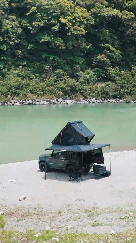 Vanlife Camper by Project Van Life | Take your camping adventures to the next level with a Suzuki Jimny tailored for the wild—complete with a pop-top tent and side awning, just... | Instagram Suzuki Jimny Camping, Jimny Camping, Top Tents, Suzuki Jimny, Pop Top, Van Life, Next Level, The Wild, Awning