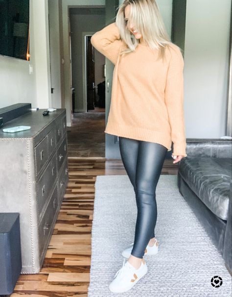 Biker Leggings Outfit, Orange Leggings Outfit, Biker Leggings, Burnt Orange Sweater, Leather Leggings Outfit, Pleather Leggings, Orange Leggings, Orange Sweater, Orange Outfit