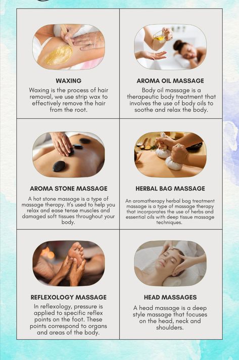 Different Massage Types, Different Type Of Massages, Wellness Spa Services, Medical Spa Services, Body Massage Benefits, Spa Add On Services, Massage Therapy Add Ons, Spa Specials Ideas, Types Of Massage Therapy