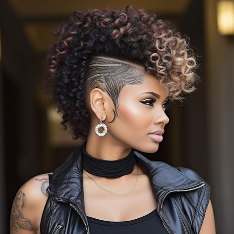 64 short hairstyles for black women to Look Chic and Stylish Girl With Black Mohawk, Mohawk Ponytail Short Hair, Mohawk Ponytail Black Women, Natural Hair Mohawk Black Women, Short Mohawk Hairstyles For Black Women, Mohawk For Black Women, Curl Mohawk, Braided Mohawk Black Hair, Short Hair Mohawk