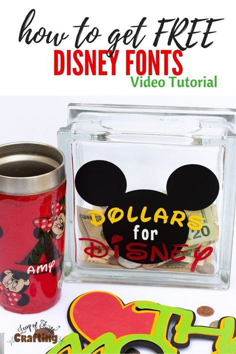 Learn how to make Cricut Disney projects by uploading free Disney fonts into Cricut Design Space.  Step by step video tutorial on how to design Mickey Mouse ears in CDS to make a Disney fund jar! #disney #cricut Diy Cricut Ornaments, Etsy Disney Shirts, Christmas Vacation Ornaments, Vacation Fund Jar, Personalized Disney Shirts, Disney Savings, Disney Font Free, Cricut Ornaments, Cricut Disney