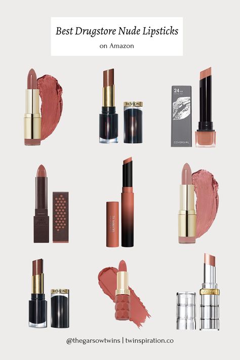 Best Drugstore Nude Lipsticks on Amazon Dusty Rose Lipstick Drugstore, Drugstore Brown Lipstick, Drugstore Lipstick Swatches, Drugstore Fall Lip Colors, L’oréal Lipstick, Mauve Lipstick Drugstore, Best Of Maybelline, Dior Gloss, Brown Nude Lipstick