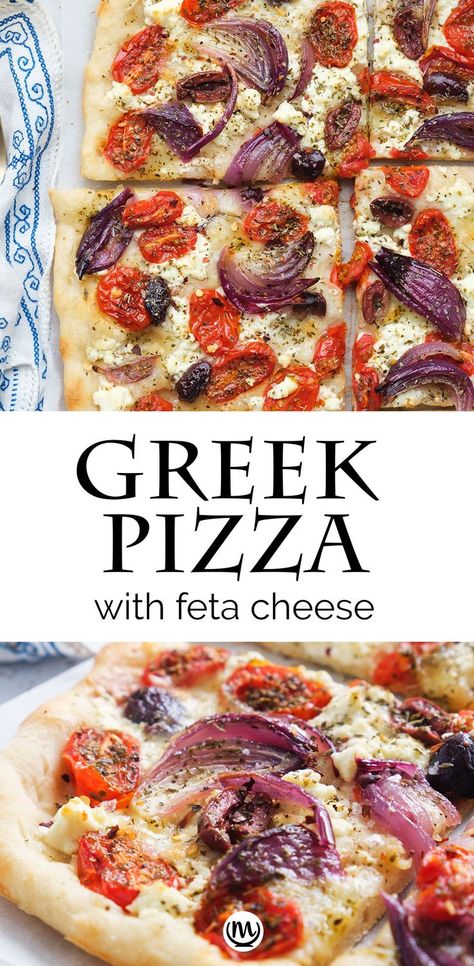 Top view of a Greek pizza with feta cheese, tomatoes and olives. Pizza Feta Cheese, Feta Pizza Recipes, Cheese Less Pizza, Feta Cheese Pizza Recipes, Pizza With Feta Cheese, Pizza With Olives, Greek Pizza Recipe Feta, Woodfire Pizza Recipes, Feta Flatbread Pizza