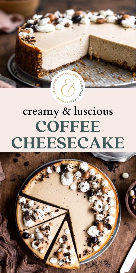 This easy cheesecake recipe is so creamy and filled with coffee flavor. The graham cracker crust is infused with coffee as well as the filling, and is then topped with chocolate covered espresso beans. This coffee cheesecake recipe shows you how to bake a cheesecake without a water bath! Banana Nut Cheesecake, Chocolate Coffee Cheesecake, Espresso Cheesecake Recipes, Coffee Cheesecake Recipes, Crockpot Cheesecake, Cheesecake No Water Bath, Fluffy Cheesecake Recipe, Nut Cheesecake, Easy Cheesecake Recipe