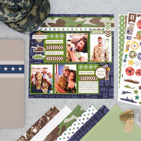 A Layout Of Legacy And Honor: Military Scrapbook Layout Military Scrapbook Layouts, Military Scrapbook, Family Scrapbook Layouts, Called To Serve, Military Honor, Love Scrapbook, Marine Mom, Creative Memories Scrapbooking, Space Force