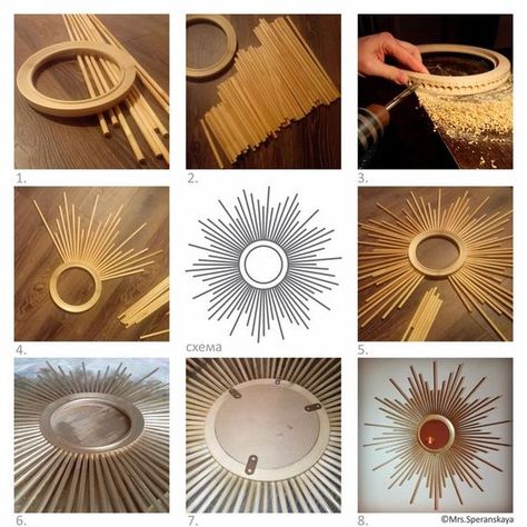 Diy Wood Stain, Mirror Decor Ideas, Recycle Crafts Diy, Starburst Mirror, Diy Wand, Wood Sticks, Sunburst Mirror, Diy Decor Crafts, Diy Mirror