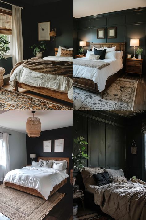 29 Stunning Dark Bedroom Ideas With Modern Accent Walls - TrendyDesign Black Accent Wall Bedroom Paint Color, Dark Walls Master Bed, Master Bedrooms Dark Accent Wall Bedroom, Black Shiplap Bedroom, Dark Farmhouse Bedroom, Black Bedroom Accent Wall, Bedroom With Black Accent Wall, Dark Walls Bedroom, Dark Accent Wall Bedroom