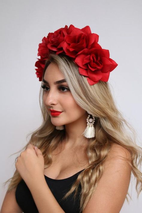 Mexican Wedding Bride, Mexican Flower Headband, Red Rose Headband, Roses Crown, Red Flower Headband, Red Flower Crown, Dead Bride, Mexican Folklore, Crown Aesthetic