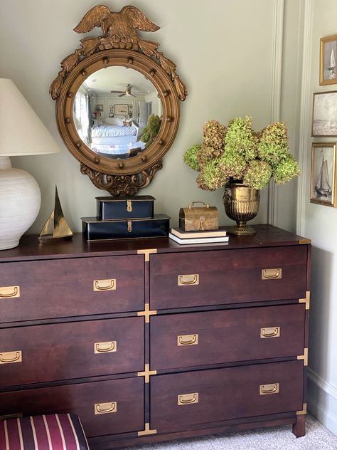 Ralph Lauren Dresser, Campaign Furniture Bedroom, Ralph Lauren Aesthetic Bedroom, Dresser Under Window, English Bedroom Classic, Dresser Styling Bedroom, Serena And Lily Bedroom, French Country Dresser, English Country Bedroom