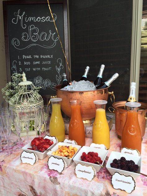 Mimosa bar for bridal shower Bridal Shower Juice Bar, Outdoor Mimosa Bar Ideas, Mommy Mimosa Bar, Boozy Brunch Party Decor, Vintage Mimosa Bar, Make Your Own Mimosa Bar, French Mimosa Bar, Mimosa Bar Table Set Up, Mock Mimosa Bar Ideas