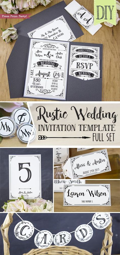 Rustic Wedding Invitations Template, inexpensive wedding invitations DIY Wedding Invitations- Press Print Party! #weddings  Elegant, simple, vintage, cheap, boho wedding invitation, printable, country wedding, black and white, classic, romantic, lace, callligraphy, formal, creative. Wedding Invitation Templates Rustic, Inexpensive Wedding Invitations, Diy Wedding Invitations Templates, Boda Diy, Trendy Wedding Invitations, Country Wedding Invitations, Wedding Invitations Romantic, Inexpensive Wedding, Cheap Wedding Invitations