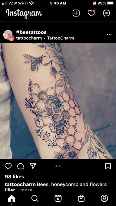 Hexagon Tattoo, Honey Bee Tattoo, Honeycomb Tattoo, Tattoo Sleeve Filler, 16 Tattoo, Nature Tattoo Sleeve, Feminine Tattoo Sleeves, Mushroom Tattoos, Floral Tattoo Sleeve