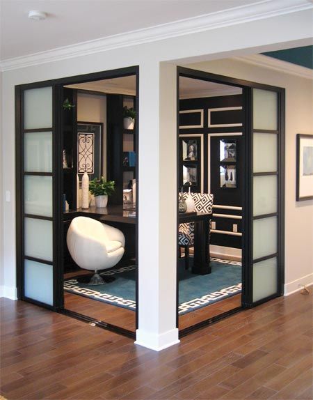 How To Close Off An Open Room, Black And White Home Office, Sliding Door Company, Office Room Dividers, Glass Room Divider, Divider Ideas, Bibliotheque Design, Room Divider Doors, Glass Room