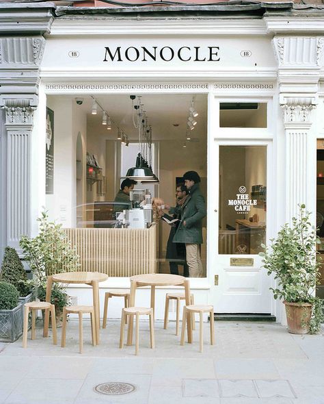 Monocle Cafe London by magCulture, via Flickr French Cafe Branding, Monocle Cafe, Display Visual Merchandising, Small Coffee Shop, Small Cafe, Coffee Shops Interior, Modern Restaurant, Shop Fronts, Coffee Shop Design