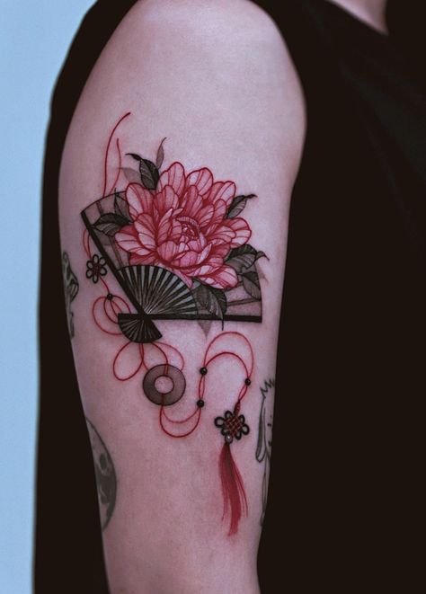 Japanese Fan Tattoo, Charm Tattoo, Fan Tattoo, Cool Wrist Tattoos, Theme Tattoo, Floral Tattoo Sleeve, Red Ink Tattoos, Asian Tattoos, Pretty Tattoos For Women