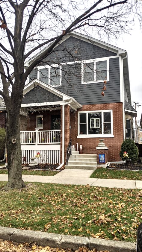 Grey Siding With Red Brick, Grey Siding Red Brick, Siding On Red Brick House, Red Brick With Blue Siding, Home Exterior Red Brick And Siding, Dark Gray Siding With Brick, Red Brick With Vinyl Siding, Red Brick Navy Siding, Red Brick Dark Siding