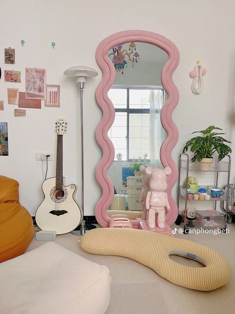 Shop this pink wavy mirror on our storefront. Click on pin to shop now! Espejos Aesthetic, Cermin Aesthetic, Wall Mirror Design, Bathroom Minimalist, Arch Floor Mirror, Large Floor Mirror, Girly Room Decor, Army Room Decor, College Room Decor