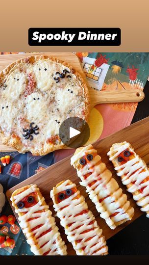 139K views · 7.9K reactions | Mummy Garlic Bread Pizzas!🍕👻The easiest and cutest Halloween meal your whole family will love! So simple, delicious, and just a few ingredients! What you’ll need:   frozen garlic bread marinara sauce sliced mozzarella cheese sliced olives   Directions:  Cut two pieces of frozen garlic bread in half to make 4 mummies.  Spread a layer of marinara sauce over each piece of bread.  Slice mozzarella cheese in skinny pieces, and lay across bread to make the mummy wrapping. Add sliced olives for eyes.  Bake according to directions on garlic bread packaging.   Bonus Halloween Food Hack: Take a frozen pizza, and add ghost cutouts of mozzarella on top of it! Use olive bits for ghost eyes and to make little spiders on the pizza as well! Bake according to directions on t Halloween Pizza Ideas, Halloween Food Hacks, Ghost Cutouts, Halloween Meal, Frozen Garlic, Frozen Garlic Bread, Macy Blackwell, Spooky Dinner, Garlic Bread Pizza