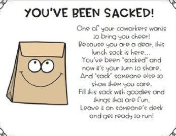 You've Been Sacked, Work Morale, Staff Morale Booster, Work Team Building, Sunshine Committee, Teacher Morale, Morale Boosters, Staff Appreciation Gifts, Staff Morale