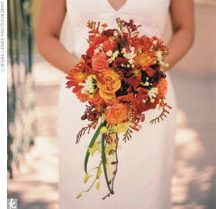 Orange Freesia, Freesia Bouquet, Vines Hanging, Orange Wedding Bouquet, Orange Bouquet, Fall Wedding Color Schemes, Orange Bouquets, Orange Wedding Flowers, Red Wedding Theme