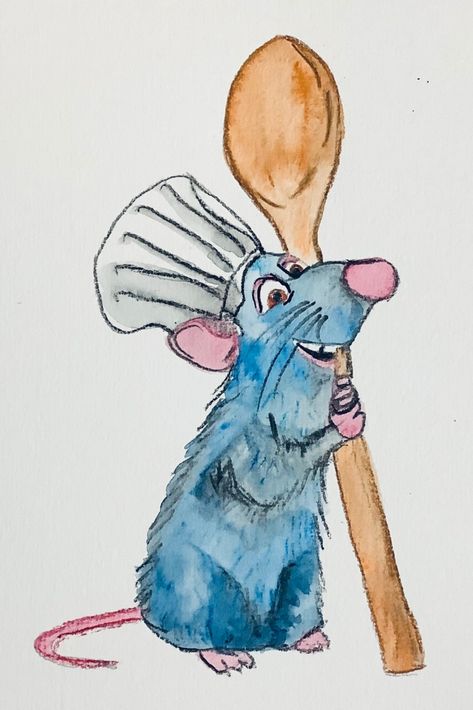 Silly Watercolor Paintings, Sketch Ideas With Color, Easy Coloured Drawings, Ratatouille Painting Easy, Watercolour Pencil Ideas, Drawing Ideas Movies, Disney Watercolor Art, Cool Disney Drawings, Ratatouille Disney Drawing