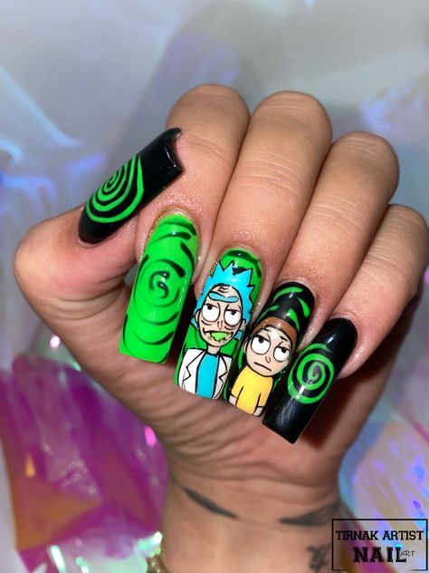 Rick And North Nails, Rick And Morty Nails Simple, Rick Morty Nails, Pickle Rick Nails, Rick And Morty Nail Designs, Rick And Morty Nails Acrylic, Rick And Morty Nail Art, Portrait Nail Art, Rick And Morty Nails