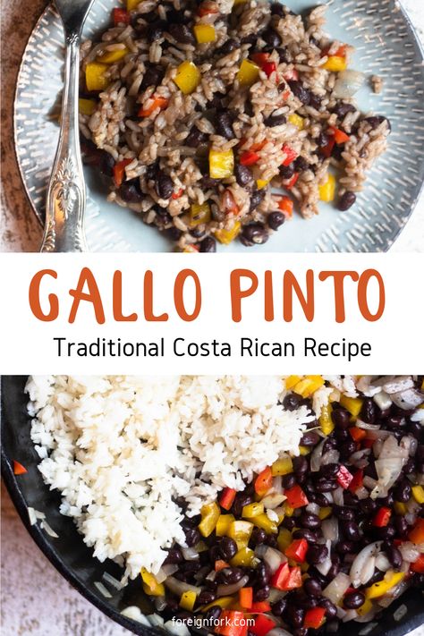 This recipe from Costa Rica was probably my favorite recipe to come out of the country! Gallo Pinto is a rice and beans dish from Costa Rica. It’s made with white rice, black beans, some peppers, and then the special ingredient, Lizano. Eggs And Tortillas, Gallo Pinto Recipe, Rice Black Beans, Zone Recipes, Costa Rican Food, Gallo Pinto, Rice And Beans Recipe, White Rice Recipes, Black Beans And Rice