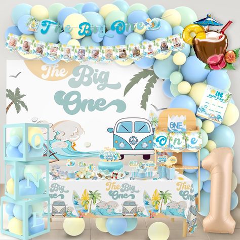 PRICES MAY VARY. 【ALL IN ONE PACK】1pcs The Big One Banner, 1pcs Monthly Banner, 1pcs surfing 1st birthday hightchair banner, 1pcs cake topper, 8pc cupcake toppers,1pc first birthday crown, 1pc milestone poster, 1pc background, 1pc table cloth, 3pc 'ONE' box, 3Pcs summer beach 1st birthday Aluminum Foil Balloons, 100pc balloons Arch Kit. ﻿ 【Unique Design】Retro summer hawaii design, NO DIY REQUIRED. coconut tree, vintage bus, sea wave, sun, surfboards, number 1, beach umbrella and beach chair. hig Hawaii 1st Birthday Party, Baby Luau Party First Birthdays, Wave First Birthday, Surf 1st Birthday, The Big One Surf Birthday, First Birthday Decorations Boy, The Big One Birthday, Hawaii Design, Surf Birthday