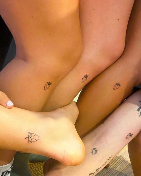 Minimalist Fruit Tattoo, Two Strawberries Tattoo, Strawberry Ankle Tattoo, Matching Fruit Tattoos, Strawberry Stick And Poke, Fine Line Strawberry Tattoo, Fine Line Best Friend Tattoos, Small Fruit Tattoos, Tiny Strawberry Tattoo