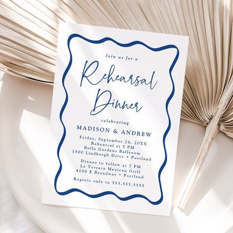 Modern Blue Wavy Frame Wedding Rehearsal Dinner Invitation Blue Rehearsal Dinner, Wavy Frame, Wedding Rehearsal Dinner Invitations, Dinner For 2, Rehearsal Dinner Invitation, Frame Wedding, Dinner Invitation, Rehearsal Dinner Invitations, Wedding Rehearsal Dinner