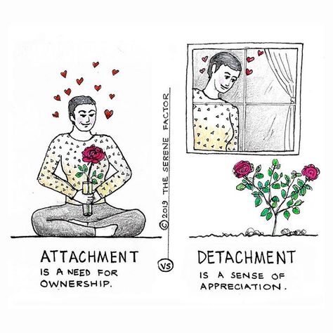 In attachment, your ego seeks claim on it. It makes you want to have it, own it, be as close to it as possible. It is more conditional in nature just like the sentiment of I love you for how you make me feel. . Detachment is having the same pleasant feelings towards the person/object, acknowledging the desire to be near it, own it, etc and then choosing to appreciate it instead. It is unconditional. Detachment is closely connected to contentment and accepts that at the deeper level, All is one. Attachment Quotes, Detachment Quotes, Law Of Detachment, Emotional Detachment, Positive Mental Health, Mindfulness Quotes, Feeling Loved, Emotional Health, Spiritual Quotes