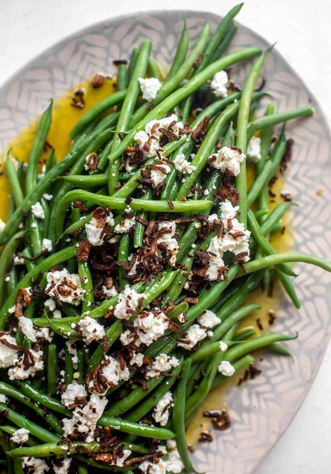 green beans with goat cheese and shallots Green Beans With Goat Cheese, Mustard Green Beans, Pomegranate Goat Cheese, Maple Mustard Vinaigrette, Green Beans With Mushrooms, Blanched Green Beans, Traditional Green Bean Casserole, Green Bean Dishes, Blanching Green Beans