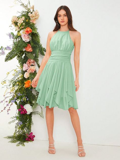 SHEIN Belle 1pc Solid Ruched Halter Neck Bridesmaid DressI discovered amazing products on SHEIN.com, come check them out! Halter Neck Bridesmaid Dresses, Patterned Bridesmaid Dresses, Ruffle Trend, Cozy Sweater Dress, Classic Shirt Dress, Bridesmaid Dresses Online, Womens Cocktail Dresses, Chiffon Bridesmaid Dress, Chiffon Bridesmaid