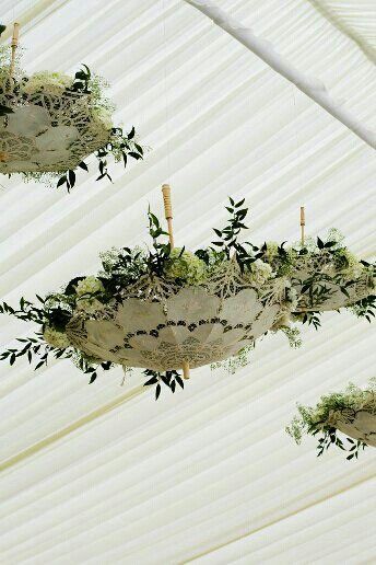 This has possibilities. White paper umbrellas with cedar boughs, lights and ?? Marquee Decoration, Deco Champetre, Deco Nature, Marquee Wedding, Hanging Flowers, Deco Floral, The Ceiling, Ceiling Decor, Wedding Deco