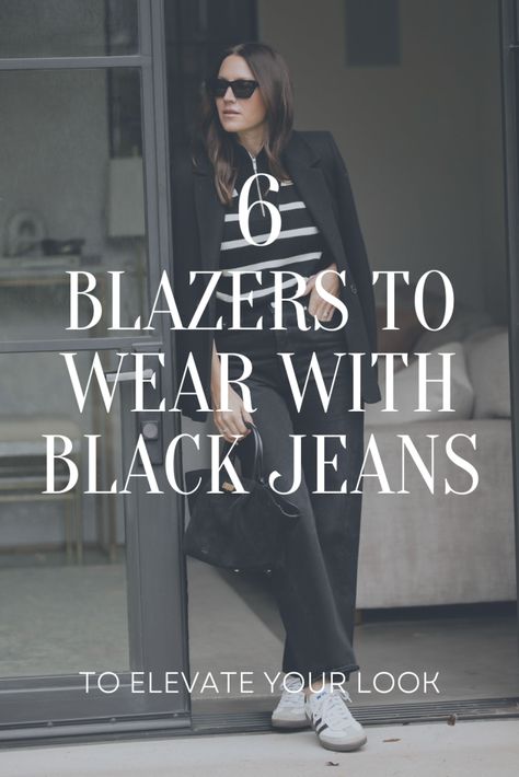 6 Blazers to Wear With Black Jeans, black jeans outfits, blazer outfits, blazer and black jeans outfits Black Sweater With Jeans Outfit, Black And White Tweed Blazer Outfit, Black Jeans Outfit For Work, Black Jeans And Blazer Outfit, Houndstooth Blazer Outfit Street Style, Black Blazer Winter Outfit, Black Blazer And Jeans Outfit Women, Black Blazer Outfit Women, Dress Up Black Jeans