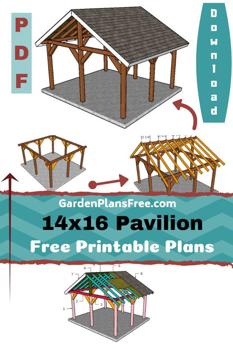 If you want to learn more about 14×16 outdoor pavilion plans you have to take a close look over the free plans in the article. This large pavilion has a gable roof with a 30 degree slope, so you can build it even in areas with significant precipitations. This pavilion is built on a 6×6 base frame, so it will be very sturdy and durable. #diy #pavilion #pergola #woodworking Wooden Outdoor Pavillion, Outdoor Covered Patio Plans, Gable Pergola Ideas, 20x24 Pavilion Plans, How To Build A Pergola With Roof, A Frame Pergola Ideas, Gazebo Plans How To Build, Free Standing Patio Cover Plans, How To Build A Pavillion