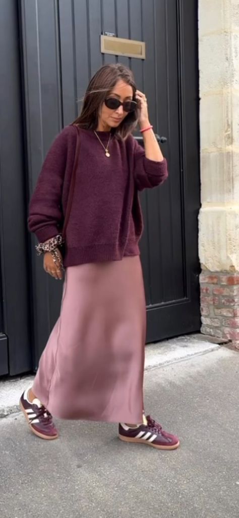 Formal Holiday Outfit, Monochromatic Christmas Outfit, Purple And Burgundy Outfit, Lavender Winter Outfit, Burgundy Street Style, Casual Festive Outfit, Plum Shirt Outfit, Long Fall Dress, Plum Aesthetic