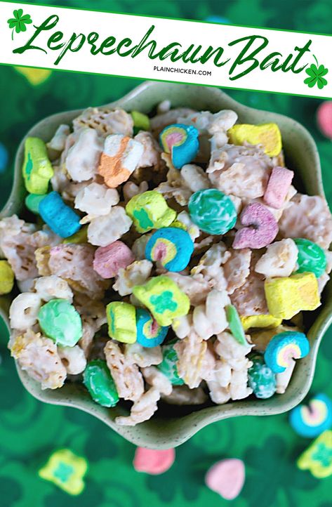 Leprechaun Bait - fun no-bake treat for St. Patrick's Day! Crispix, Lucky Charms, M&Ms and almond bark. Great for parties!!  #stpatricksday #nobake #dessert #Luckycharms #chexmix #chex Lucky Charms Marshmallows Only, Leprechaun Bait, St Patrick Day Snacks, Nobake Dessert, White Chocolate Popcorn, Lucky Charms Marshmallows, St Patrick Day Treats, Lucky Charms Cereal, Trail Mix Recipes