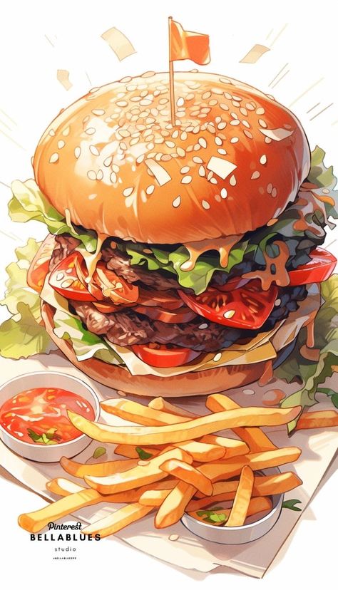 Fries Illustration, Toxic Off, Foodie Art, Food Artwork, Food Fantasy, Watercolor Food, Video Tiktok, Cute Food Art, Food Painting