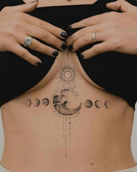 Sun And Moon Tattoos, Underboob Tattoo Designs, Moon Tattoos, Spine Tattoos For Women, Dope Tattoos For Women, Calf Tattoo, Cute Tattoos For Women, Classy Tattoos, Phoenix Tattoo